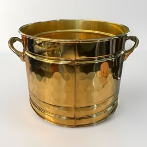 Vintage Bristol Brass Indoor Planter, 6.5" Round Barrel Shape Gold Metal